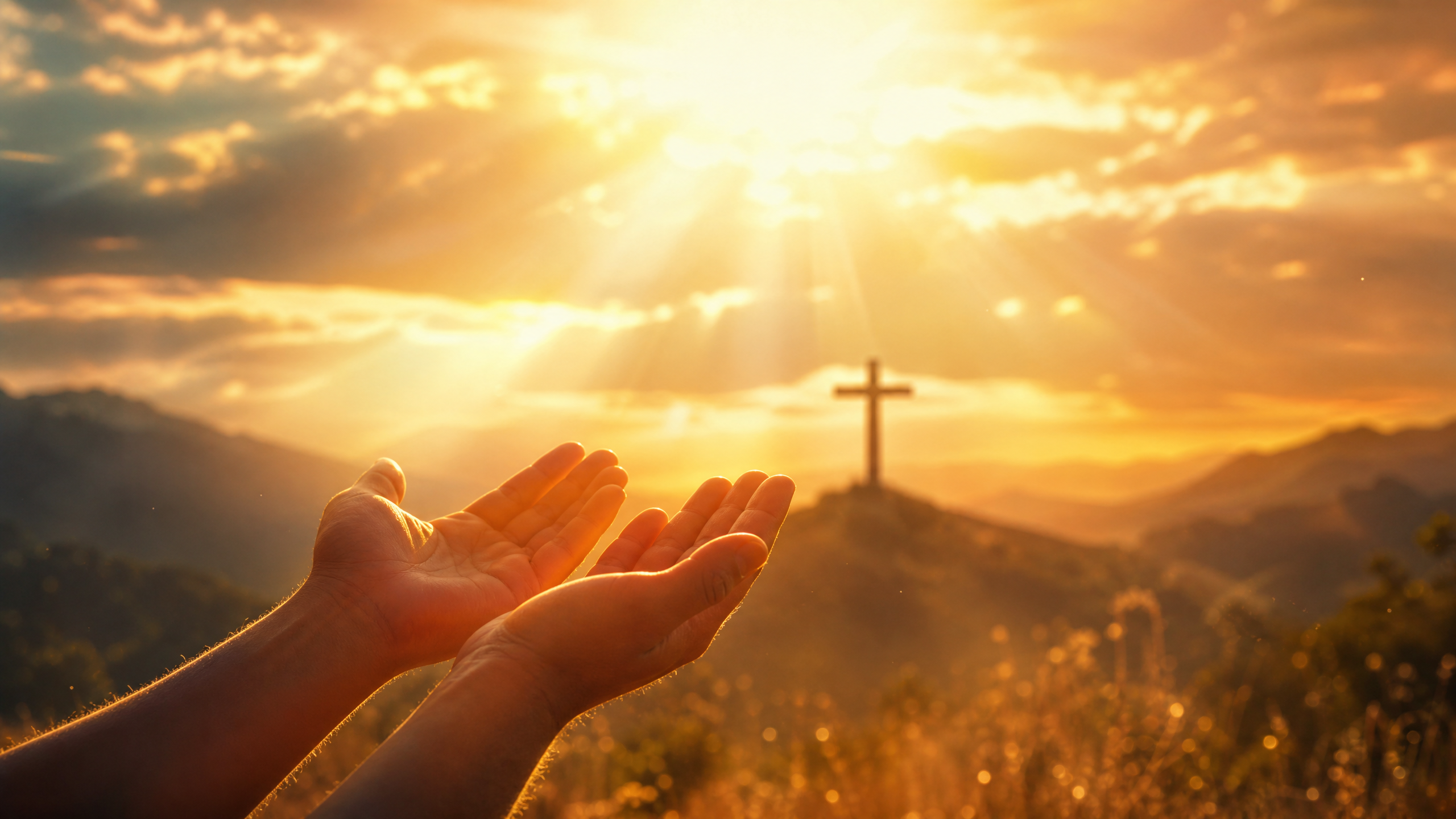Mãos abertas recebendo bênçãos divinas com luz dourada e cruz ao fundo — fé e prosperidade